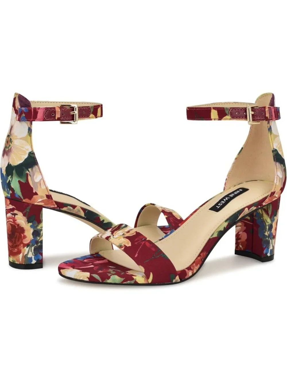 Women's Dark Red Fall Floral Round Toe Ankle Strap Wnpruce Heeled Sandal Shoes
